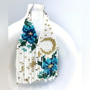 Blue Celestial Crescent Moon Flowers Floral  Hand Beaded Tassel Earrings New